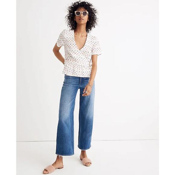 NEW Madewell Wrap Top Short Sleeve White Print Tie Waist Blouse - Picture 2 of 8